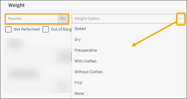 Weight vitals section with yellow highlight boxes around the pounds field and the drop-down arrow menu with a yellow arrow pointing down to the menu options.